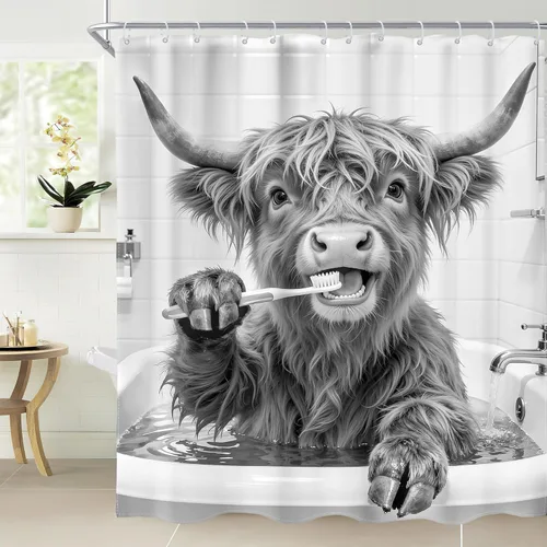 AMBZEK Divertida cortina de ducha de vaca de las tierras altas, 60 pulgadas de ancho x 72 pulgadas de largo, divertida granja, ganado rústico,