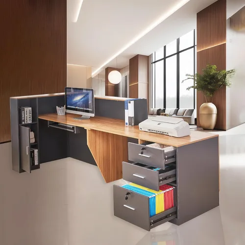 Vista 6 de Escritorio de recepción en forma de L con cajones con cerradura y armario de llenado ajustable, moderno mostrador de recepción con bandeja