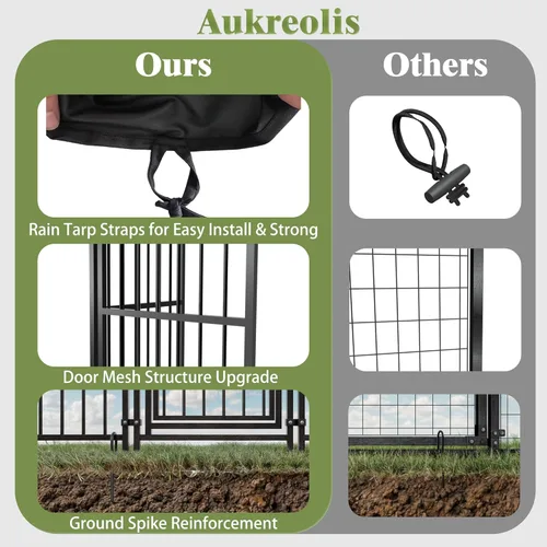 Vista 5 de Perrera grande para perros exterior de 10 x 10 pies, jaula resistente con puerta de alimentación, corrida de perro al aire libre con techo
