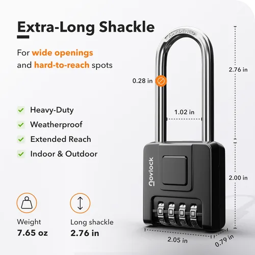 Vista 2 de Cerradura de combinación de grillete largo de 2.76 pulgadas para exteriores e interiores, resistente, resistente a la intemperie, seguridad de 4
