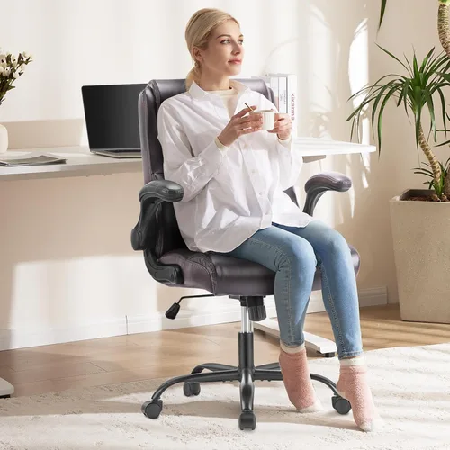 Vista 6 de Sweetcrispy Silla de oficina ejecutiva ergonómica marrón silla de escritorio con ruedas de altura ajustable para computadora con soporte lumbar
