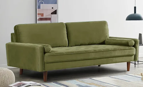 Vista 8 de Sofás capitoné de terciopelo para sala de estar, estilo clásico de mediados de siglo con silueta moderna, acolchado de botones y patas de madera