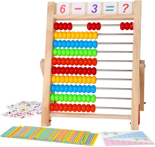 WOODMAM Ábaco de Madera para Matemáticas de Niños, Juguete Educativo de Conteo con Palos de Contar y Tarjetas de Números y Alfabeto, Juguetes de