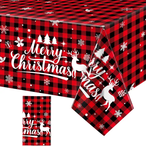 Irenare 1 Pc Christmas Tablecloth Red and Black Buffalo Plaid Table Cover Merry Christmas Plastic Disposable Snowflake Elk Gingham Table Cloth for