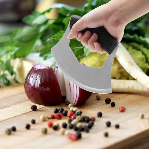 Vista 6 de Luxiv Mezzaluna Cuchillo picador de ensalada, mezzaluna de acero inoxidable con cubierta de protección, cuchillo para picar verduras para pizza