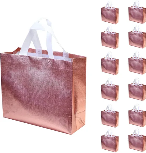 Vista 8 de Juego de 12 bolsas de comestibles reutilizables brillantes con asas, bolsa de regalo de despedida de soltera, bolsa de dama de honor no tejida