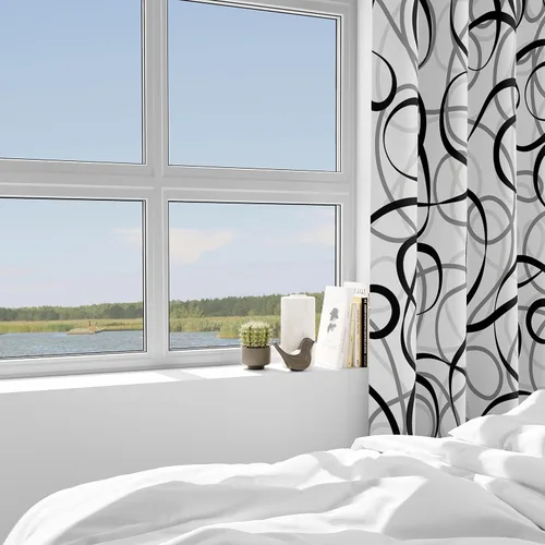 Vista 3 de Cortinas geométricas negras, grises y blancas, juego de 2 paneles de línea abstracta, patrón de arte moderno, tratamiento de ventana, oscurecimiento