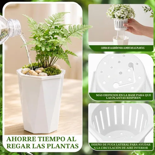 Vista 3 de 24 macetas de riego automático de 4 pulgadas para plantas de Macetas de agua de plástico blanco, maceta pequeña a granel con copa interior, mecha