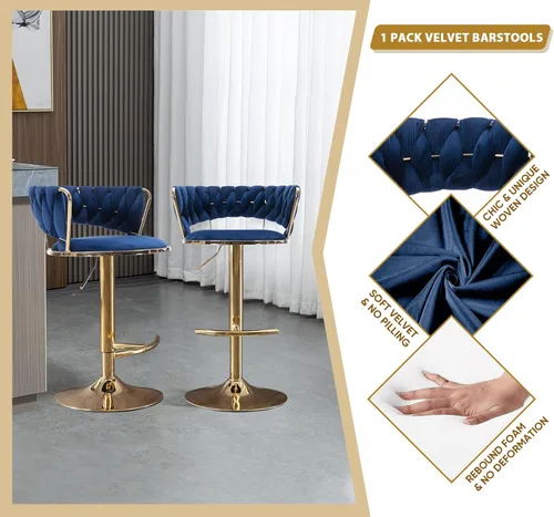 Vista 27 de Juego de 2 taburetes de bar giratorios de terciopelo, taburete de bar ajustable con respaldo tejido, sillas de comedor tapizadas, taburetes de bar