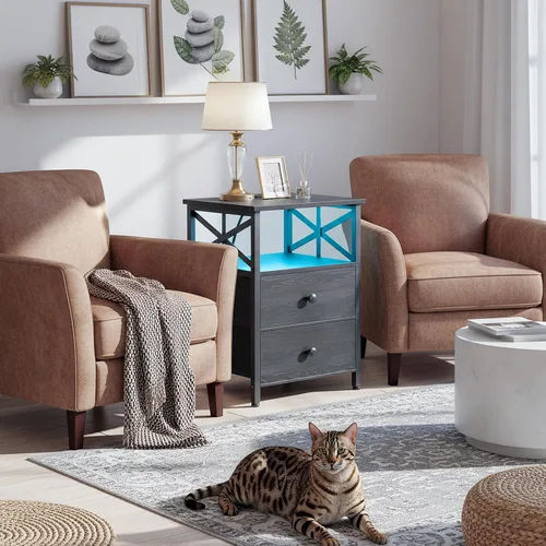 Vista 5 de AMHANCIBLE Nightstand with Fast Charging Station, End Table Living Room with USB Charger, Power Outlet, Bed Side Table with Fabric Drawers for