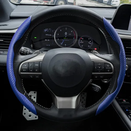 Vista 5 de Amiss Funda antideslizante de fibra de carbono para volante de automóvil, accesorios interiores de automóvil, protector de volante segmentado
