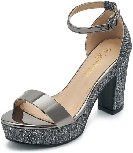 hingswink Womens Glitter Sparkly Platform Heels 3.8 Inch Block Heels Open Toe Heeled Sandals High Heels Chunky Heels with Ankle Strap for Women Sexy