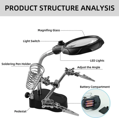 Vista 3 de Estación de lupa de soldadura con luz LED, soporte profesional de lupa de 3.5 x 12 x con clips de cocodrilo para soldar, fabricación e inspección