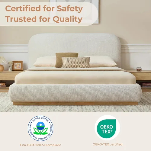 Vista 5 de CHITA Base de cama tamaño Queen, plataforma tapizada con cabecera impermeable, soporte de listones de madera, sin ruido, no necesita somier, fácil
