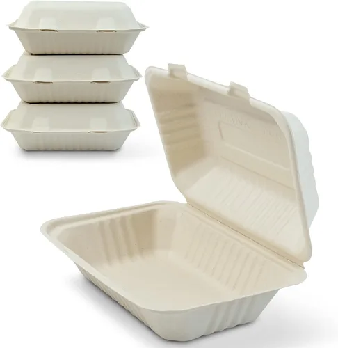 Vista 9 de Green Earth, 6 pulgadas, 125 unidades, almeja compostable de hamburguesa acanalada, BAM ware (fibra de bambú), cajas de comida para llevar