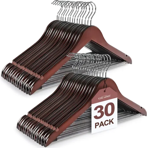 Vista 8 de TOPIA HANGER Perchas de Madera para Abrigos Paquete de 30, Perchas de Madera Vintage para Trajes con Barra Antideslizante para Pantalones, Gancho