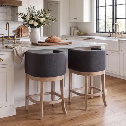 Vista 6 de CIMOTA Taburete de Bar Moderno Tipo Barril de 26" de Altura de Mostrador, Silla de Bar de Madera Natural Estilo Granja con Brazos/Tapizada en Tela