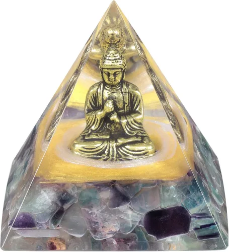 Vista 9 de mookaitedecor Estatua de Buda de latón pirámide de cristal de orgón con piedras de chispas de aguamarina, generador de energía de orgonita
