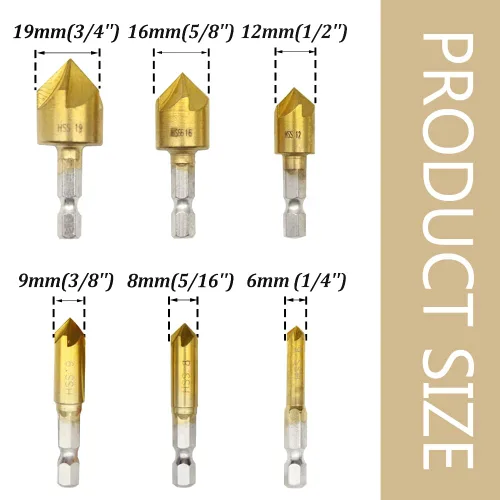 Vista 2 de Juego de 6 brocas avellanadas con vástago hexagonal para madera, broca de biselado de acero de alta velocidad, 5 flautas, herramienta de perforación