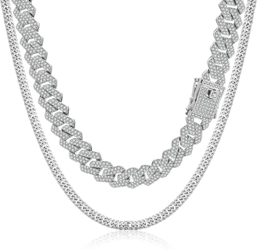 JUNVirtuous 2 cadenas de eslabones cubanos para hombres, collar cubano de Miami helado y cadena de acero inoxidable, joyería de hip hop de plata con