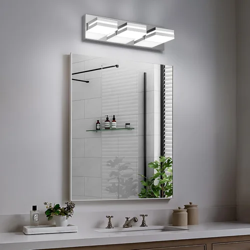 Vista 7 de Modernas luces LED pequeñas de baño (3 luces), iluminación de pared acrílica cromada de acero inoxidable, luces de tocador para baño sobre espejo