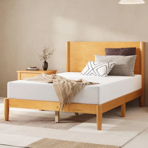 Vista 10 de AMERLIFE Marco de cama individual de madera maciza, cama de plataforma moderna de mediados de siglo con cabecera de panel completo, patas