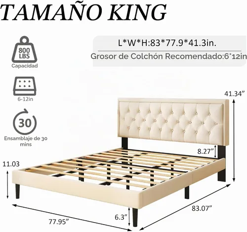 Vista 3 de CXVX Base de cama tamaño matrimonial con plataforma tapizada con botones de terciopelo incrustados, base de colchón con soporte de listones