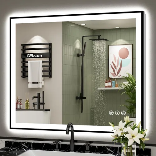 Vista 26 de Espejo de baño LED de 48 x 30 pulgadas con luces, retroiluminado + frontal iluminado, espejo de tocador con luz antiniebla para pared de baño con 3