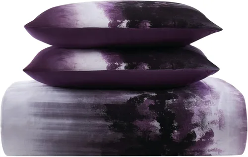 Vista 2 de Vince Camuto Mirrea - Juego de edredón de 3 piezas de algodón blanco y morado, con temática moderna, para hombres y mujeres, certificado Oeko-TEX