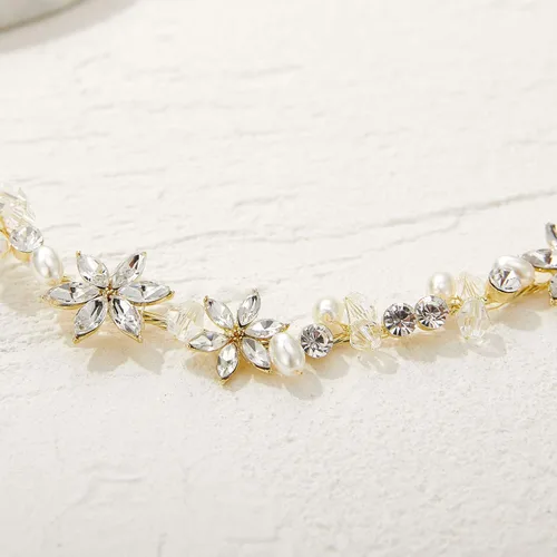 Vista 4 de SWEETV Diadema dorada para niña de las flores para boda, diadema floral de cristal para niñas, accesorios para el cabello de princesa para fiesta