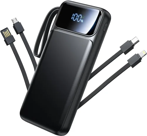 Banco de energía, cargador portátil con cable integrado de 22.5 W, paquete de batería de carga rápida, 10000 mAh, delgado, 6 salidas, 3 entradas,