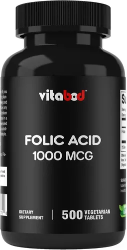 Vitabod Ácido fólico 1 mg (1000 mcg) (vitamina B9) - 500 tabletas vegetarianas - una vitamina prenatal y posnatal esencial