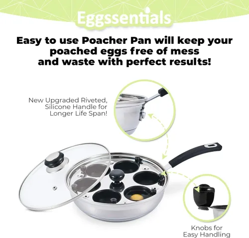 Vista 3 de Eggssentials Fabricante de Huevos Escalfados Sartén para Huevos Escalfados de Acero Inoxidable de Grado Alimenticio Libre de PFOA con Espátula