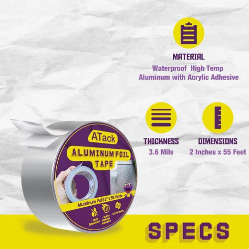 Vista 2 de ATack Cinta adhesiva reflectante de papel de aluminio, 3.6 mil, 2 pulgadas x 55 yardas, cinta HVAC de aluminio de alta temperatura y resistente