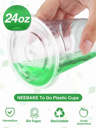 Vista 4 de NEEBAKE 150 Juegos de Vasos de Plástico Desechables de 9 oz con Tapas - Vasos Transparentes para Beber, Vasos de Plástico para Café Helado, Batidos