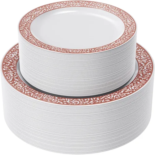 FOCUSLINE Juego de 102 platos de plástico de encaje de oro rosa – platos desechables de alta resistencia de 51 x 10.25 pulgadas y platos de ensalada