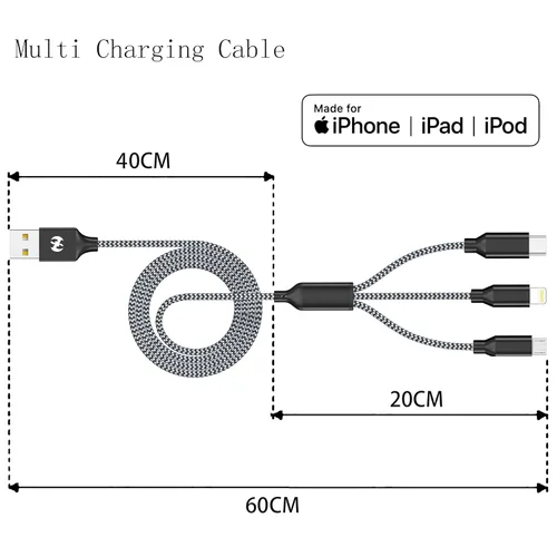 Vista 3 de Cable de carga múltiple de 10 pies, paquete de 2 cables de carga 3 en 1, cable largo de nailon trenzado rápido, cable de carga USB, cable de carga