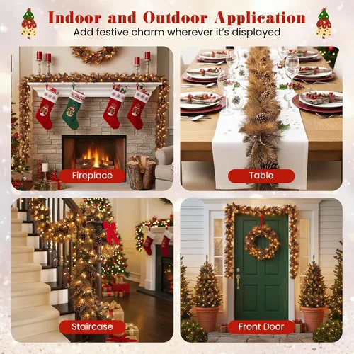 Vista 2 de Goplus - Guirnalda de Navidad preiluminada de 2,7 m, guirnalda artificial con luces, funciona con baterías, con 140 PVC y agujas de pino, conos