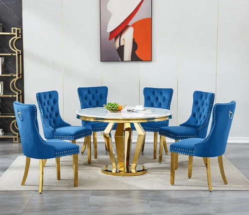 Vista 60 de Juego de mesa de comedor de mármol sintético de oro blanco de 47 pulgadas para 2, juego de mesa de comedor de cocina de 3 piezas, juego de mesa