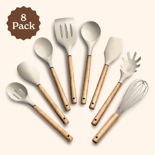 Vista 2 de Country Kitchen Juego de utensilios de silicona antiadherente con asas redondeadas de madera para cocinar y hornear, juego de 8 piezas, caqui