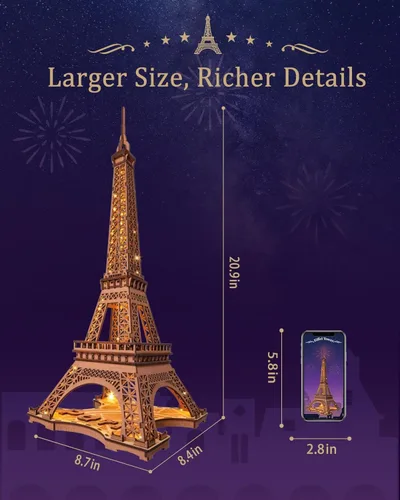 Vista 3 de Rolife Rompecabezas de madera 3D para adultos, Set grande de Torre Eiffel-Juegos de construcción de modelo LED, kits de arquitectura de París como