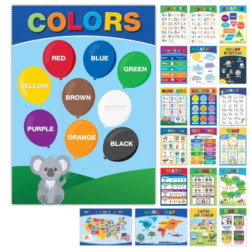 20 Carteles Educativos Grandes para Niños Pequeños (16.5x12 pulgadas Doble Cara Inglés/Español) Alfabeto Colores Letras Números Formas Meses Días