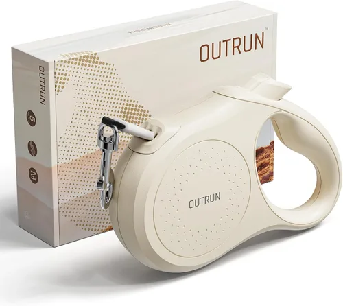 OUTRUN Correa retráctil para perro de 16.5 pies para caminar hasta 55 libras, cinta de nailon fuerte sin enredos, bloqueo de freno resistente con