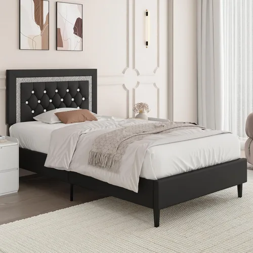 Vista 3 de BarnFurin Marco de Cama Individual con Cabecera Acolchada con Botones, Marco de Cama Plataforma Tapizada con Diseño de Diamante, Soporte de Listones