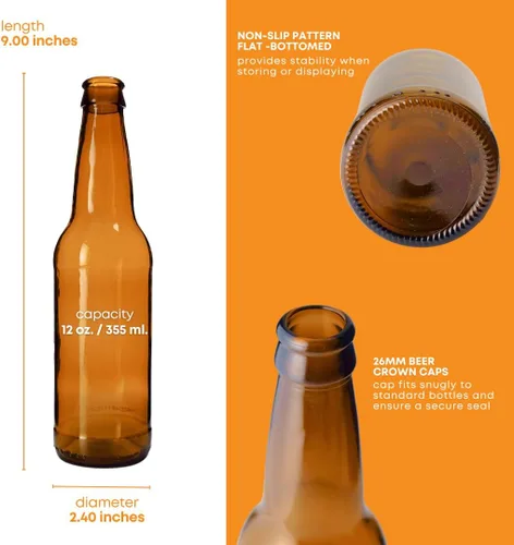 Vista 3 de FastRack Botellines ámbar para cerveza, 12 onzas (24 unidades) Botellines de vidrio cuello largo con tapa a presión para elaboración casera