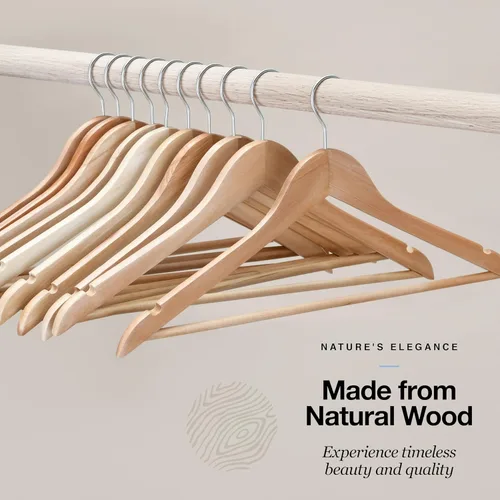 Vista 4 de Perchas de madera de alta calidad, paquete de 20 – Perchas duraderas antideslizantes resistentes – Perchas de madera maciza natural – Perchas