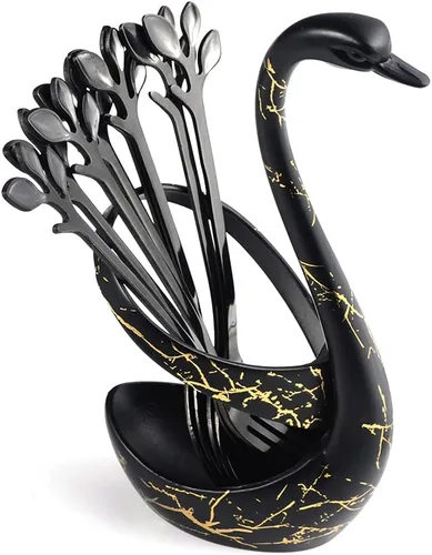 Vista 3 de AnSaw Juego de soporte para cucharas de café pequeñas negras, base de cisne con 20 cucharas de espresso Demitasse, cuchara de postre de 4.7