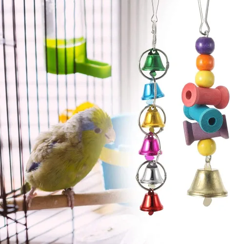 Toys 8 PCS Bird Toy,Natural Wood and Non ABS Hanging Swing Bells Colorful Beads Rotating Ladder Chewing Toy for Birds and Small Pets Bird Toys