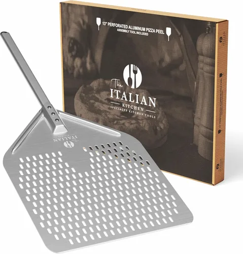 The Italian Kitchen - Pala perforada para pizza, pala profesional de metal de 13 x 16.7 pulgadas, 27.3 pulgadas en total, funciona con todos los