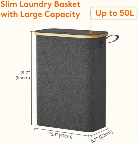 Vista 3 de Lifewit Cesta de lavandería delgada de 50 litros con tapa, cesta estrecha para la ropa sucia con bolsa extraíble y asas de bambú, canasta plegable
